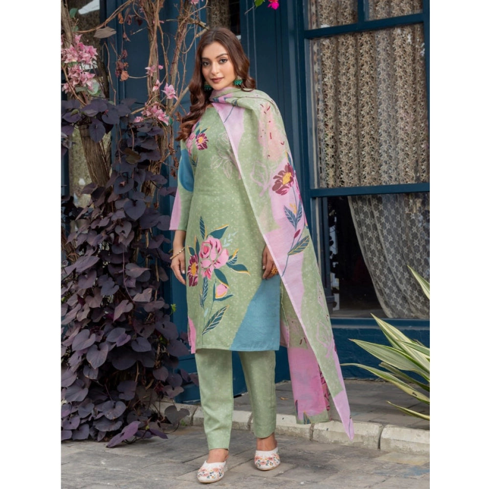 Mehendi cotton blend kurti pant dupatta set for women — full look