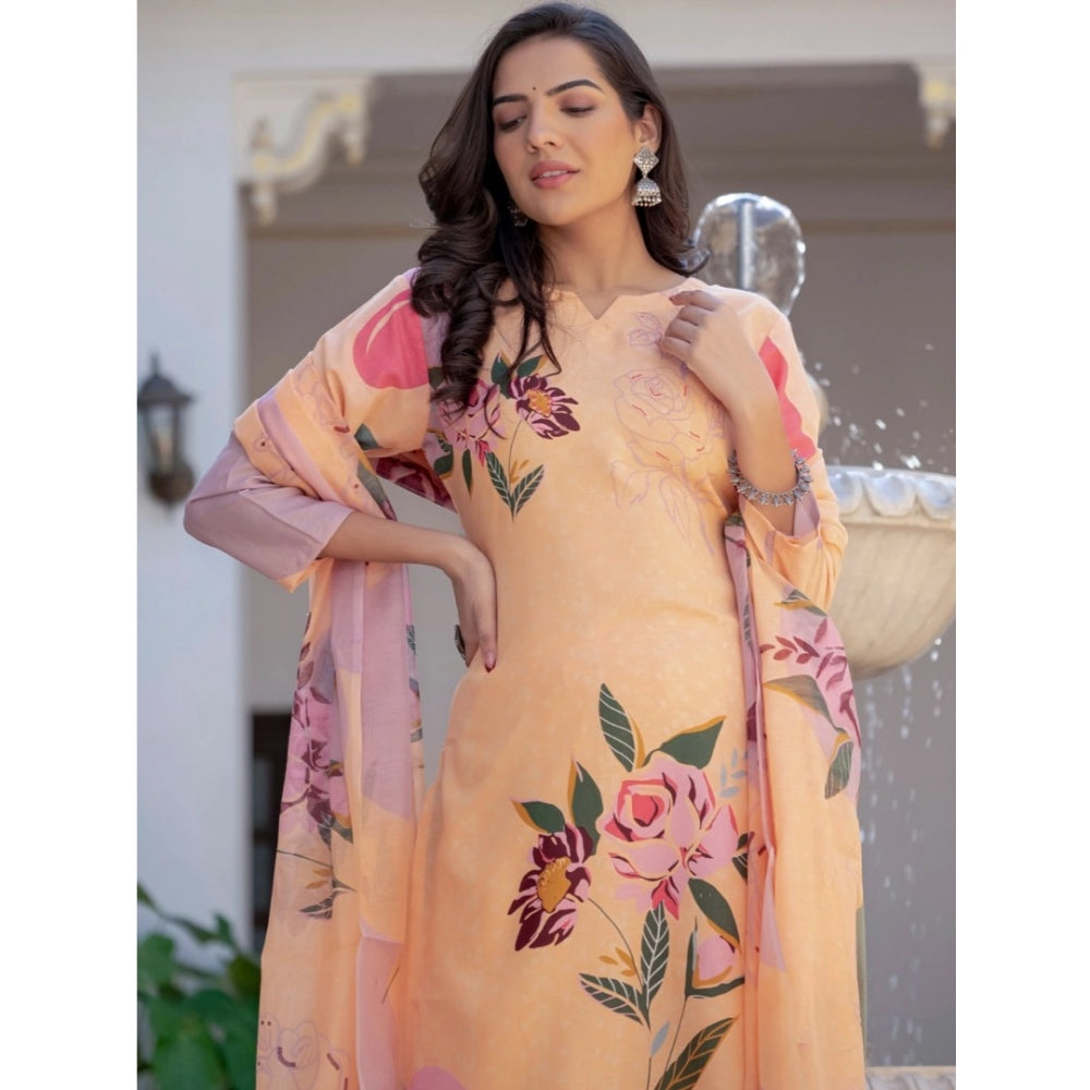 Orange cotton blend kurti pant dupatta set for women — side angle
