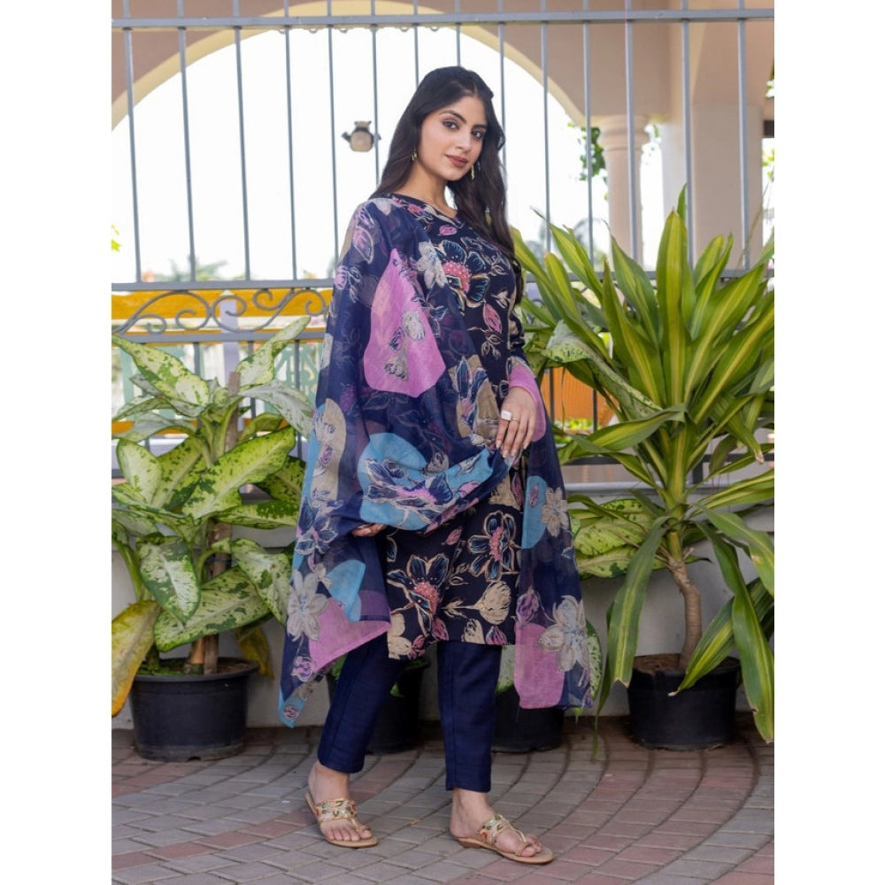Navyblue cotton blend kurti pant dupatta set for women — detail view