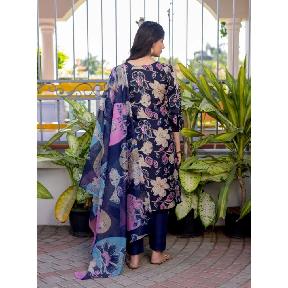 Navyblue cotton blend kurti pant dupatta set for women — side angle