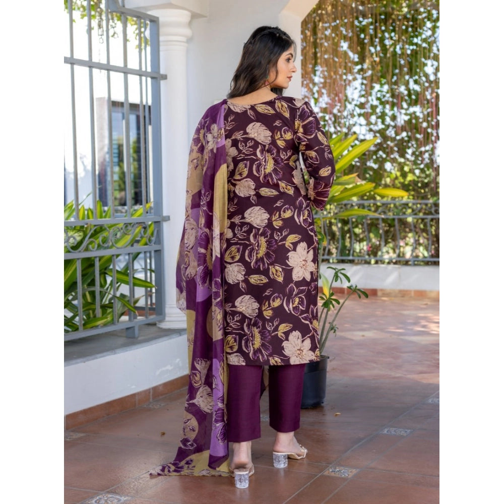 Purple cotton blend kurti pant dupatta set for women — detail view