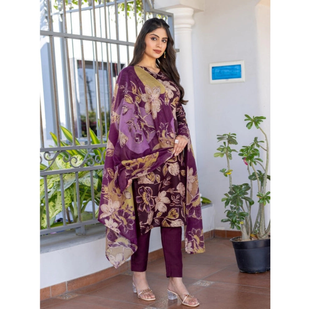 Purple cotton blend kurti pant dupatta set for women — side angle