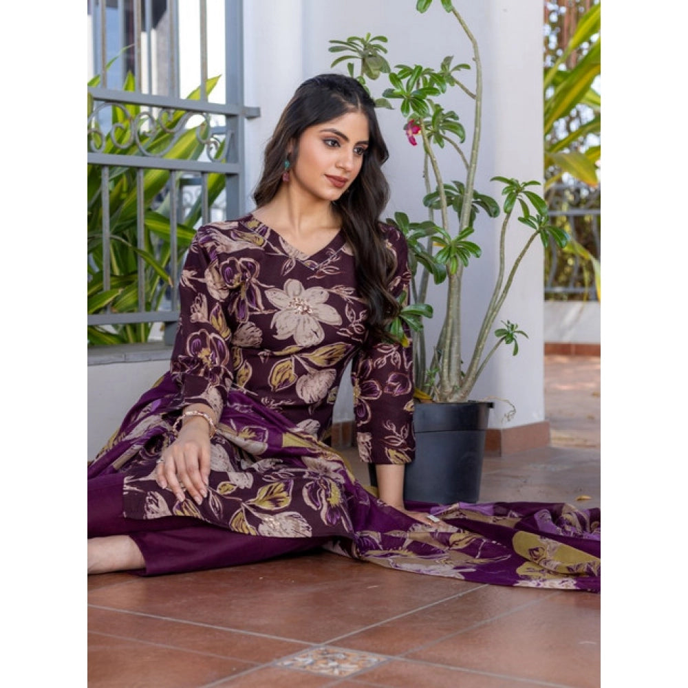 Purple cotton blend kurti pant dupatta set for women — full look