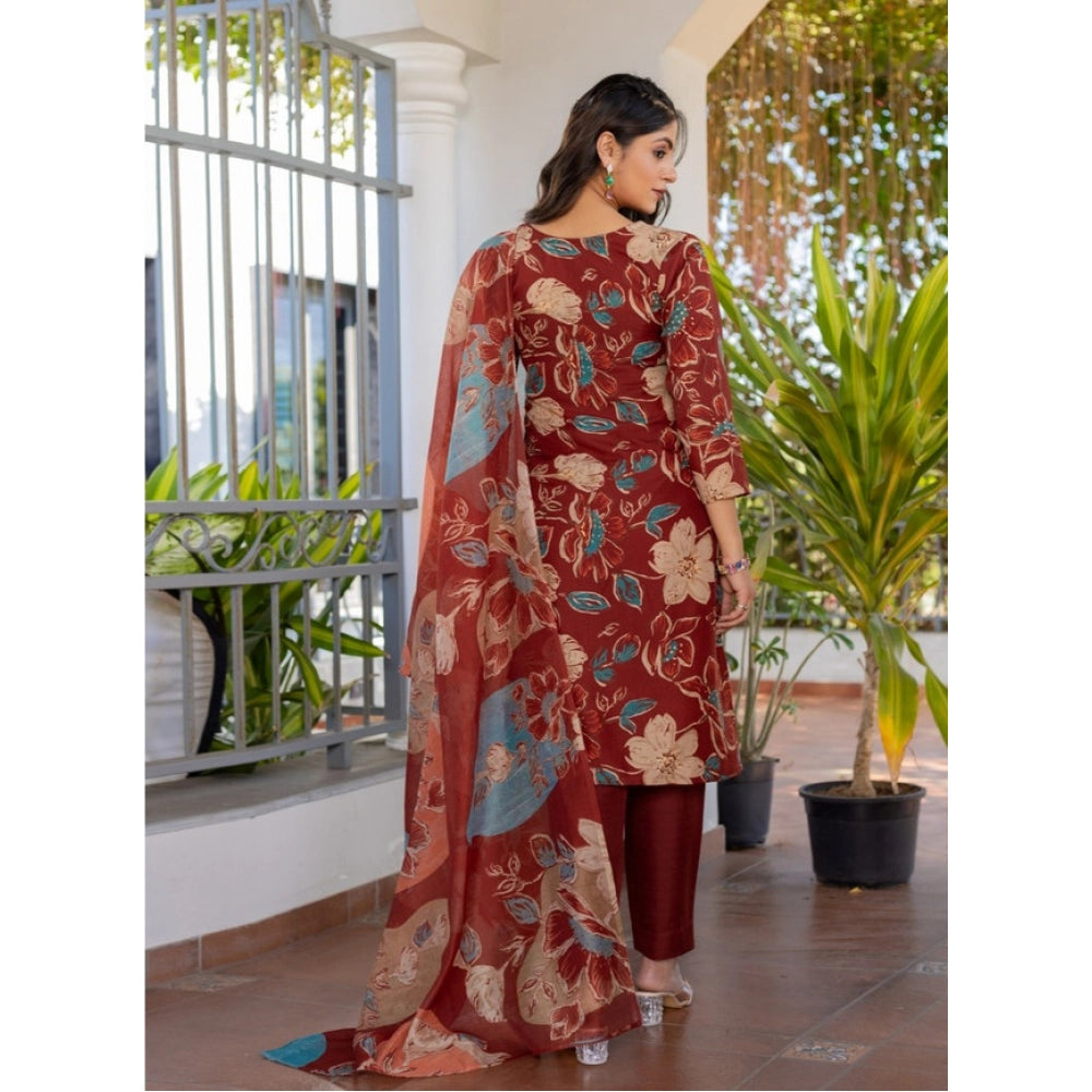 Rust cotton blend kurti pant dupatta set for women — detail view
