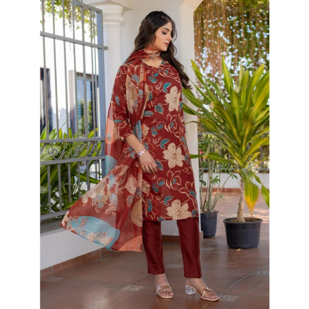Rust cotton blend kurti pant dupatta set for women — side angle