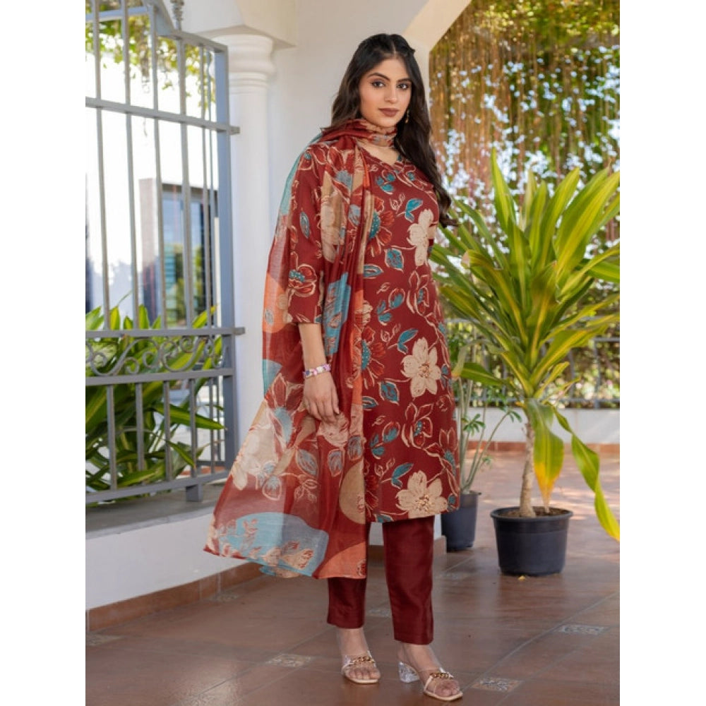 Rust cotton blend kurti pant dupatta set for women — full look
