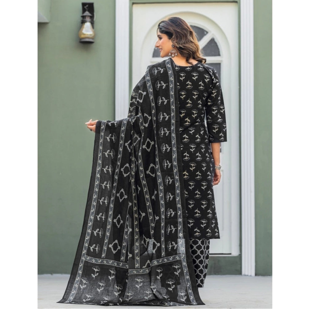 Black cotton blend kurti pant dupatta set for women — detail view