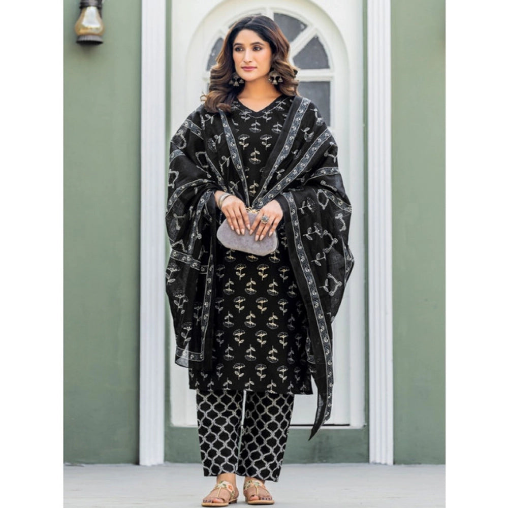 Black cotton blend kurti pant dupatta set for women — side angle