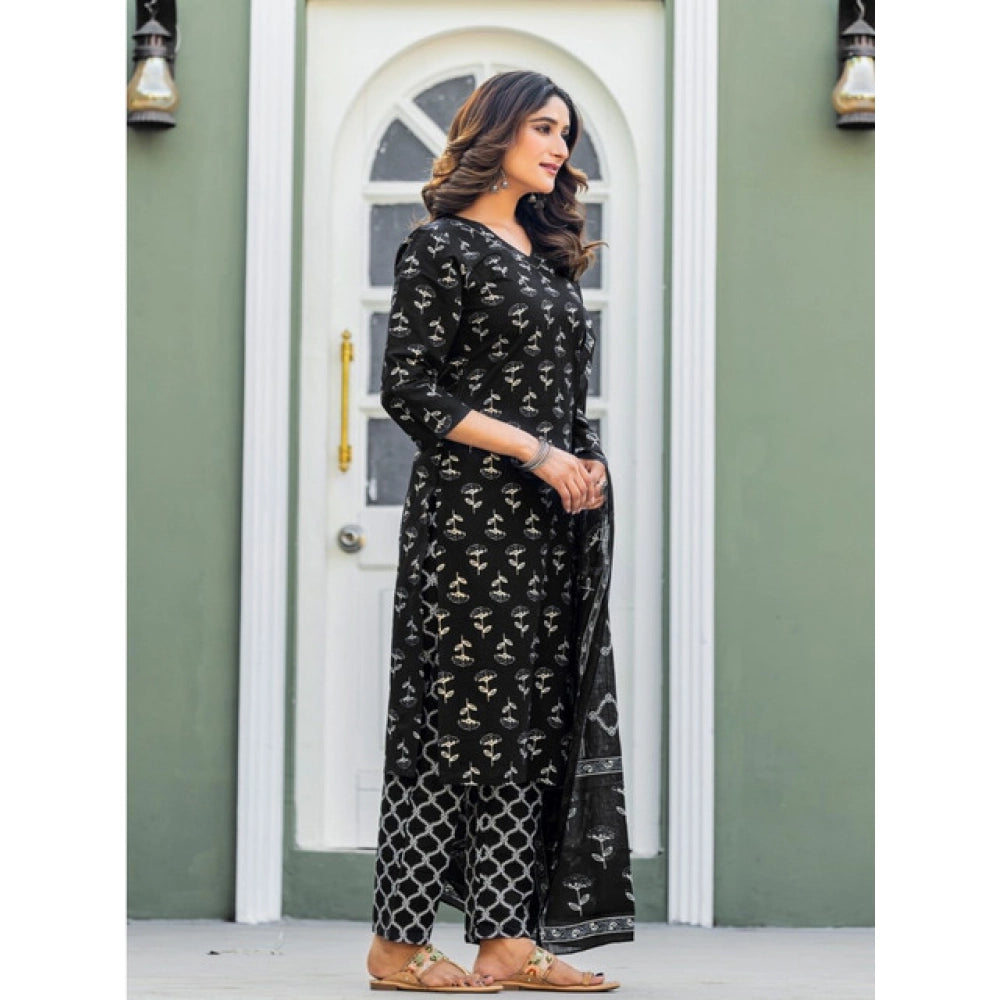 Black cotton blend kurti pant dupatta set for women — full look