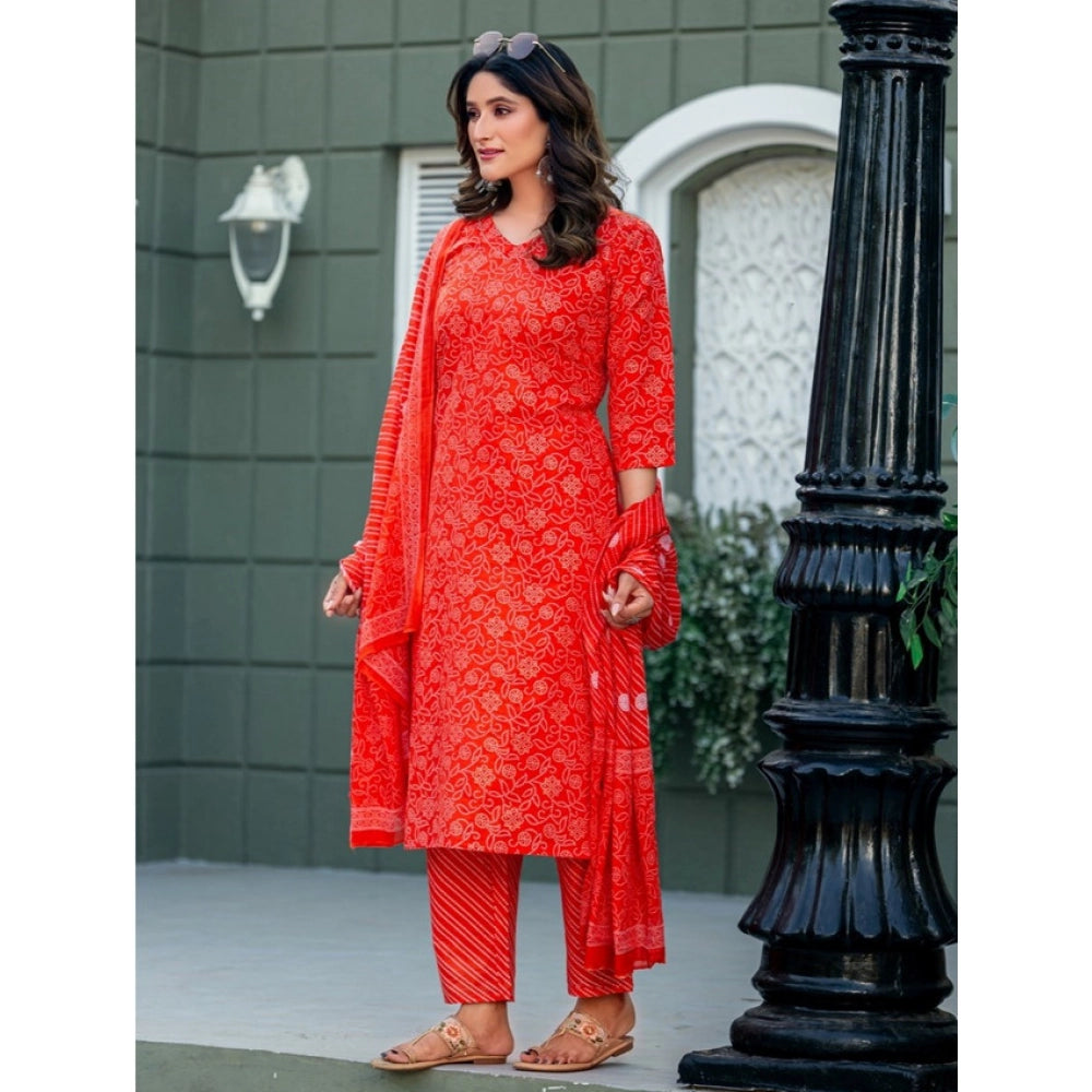 Orange cotton blend kurti pant dupatta set for women — detail view