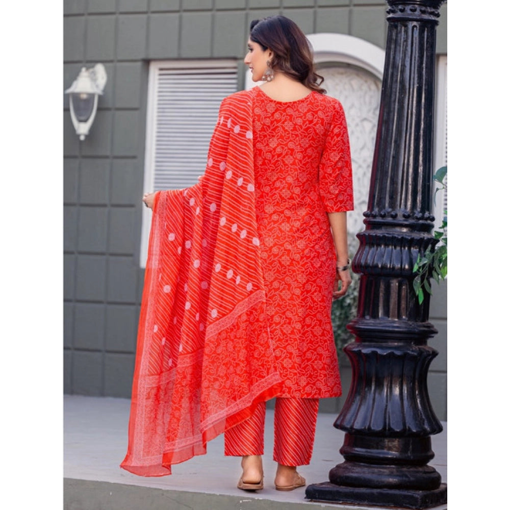 Orange cotton blend kurti pant dupatta set for women — side angle