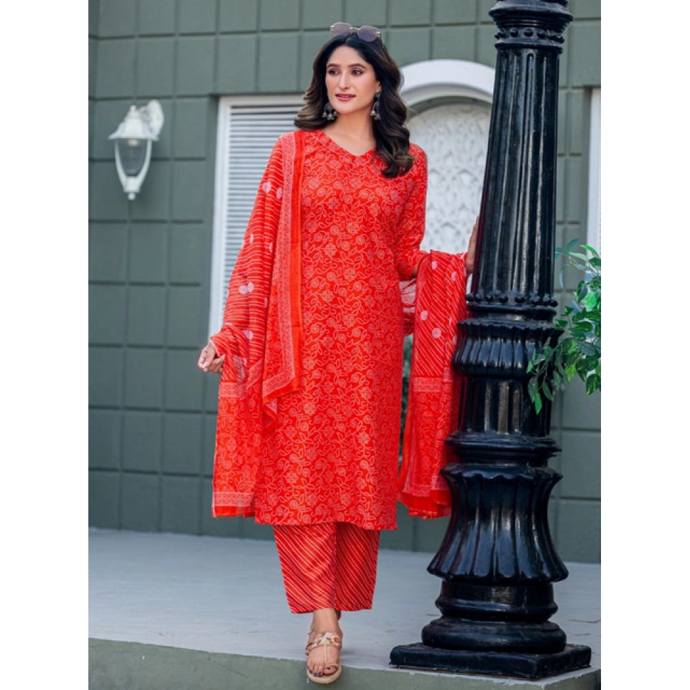 Orange cotton blend kurti pant dupatta set for women — full look