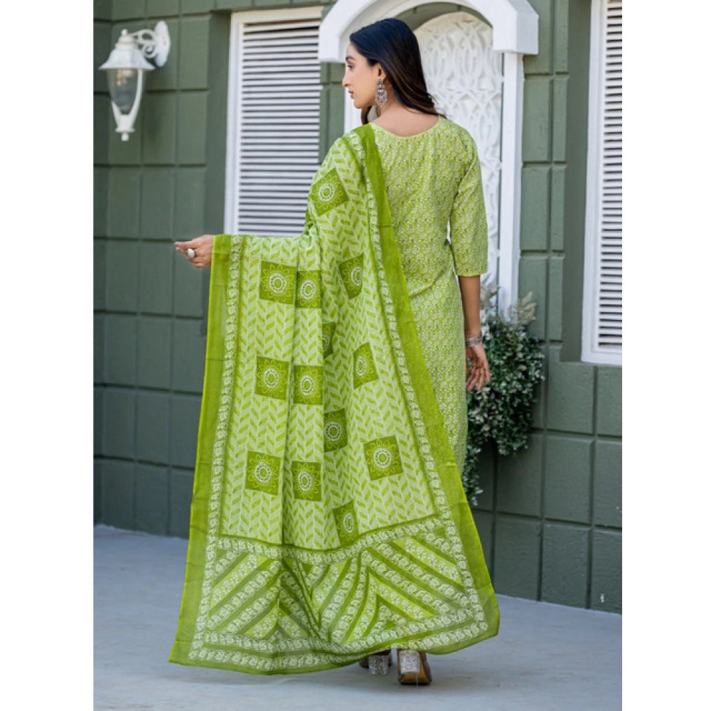 Parrot cotton blend kurti pant dupatta set for women — detail view