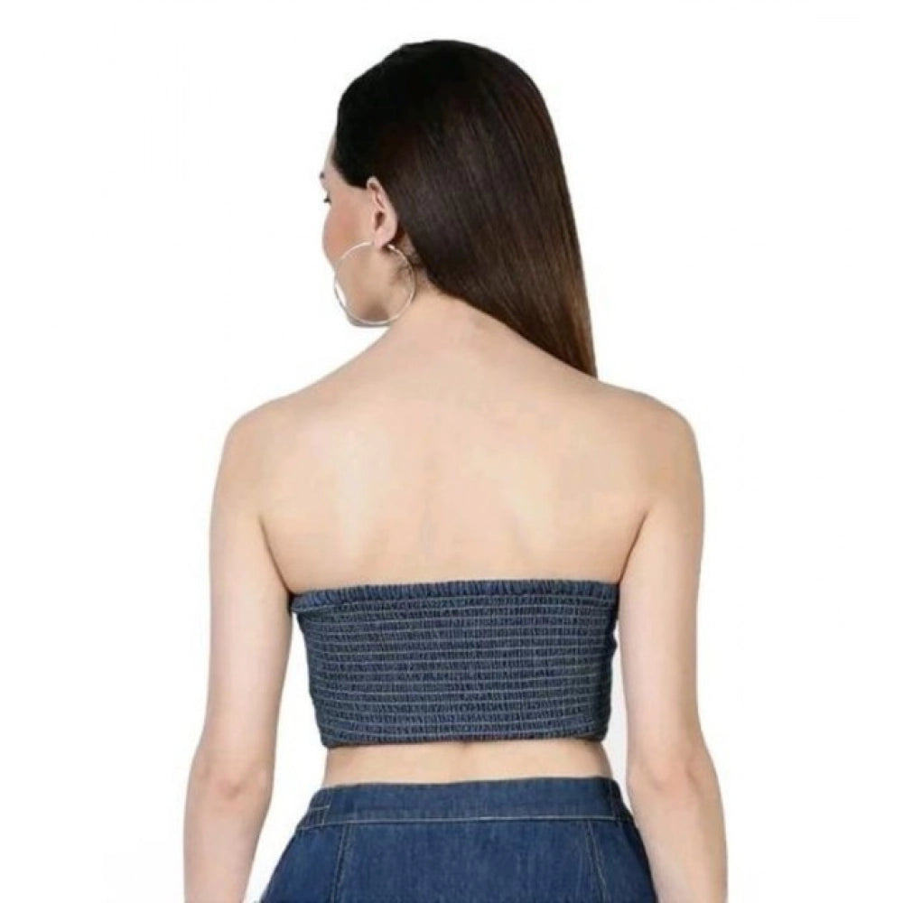 Blue denim bustier top for women — full look