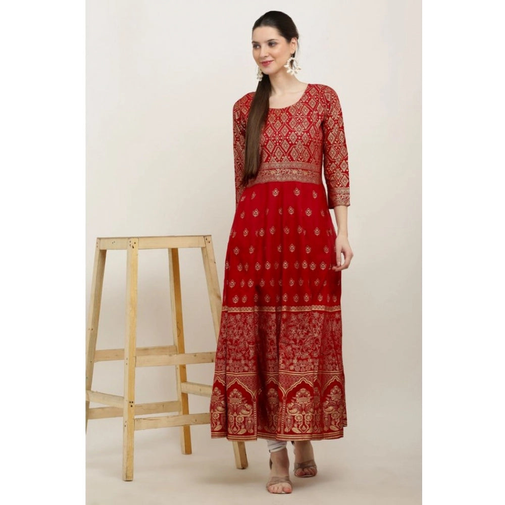 Red rayon anarkali kurti for women — detail view
