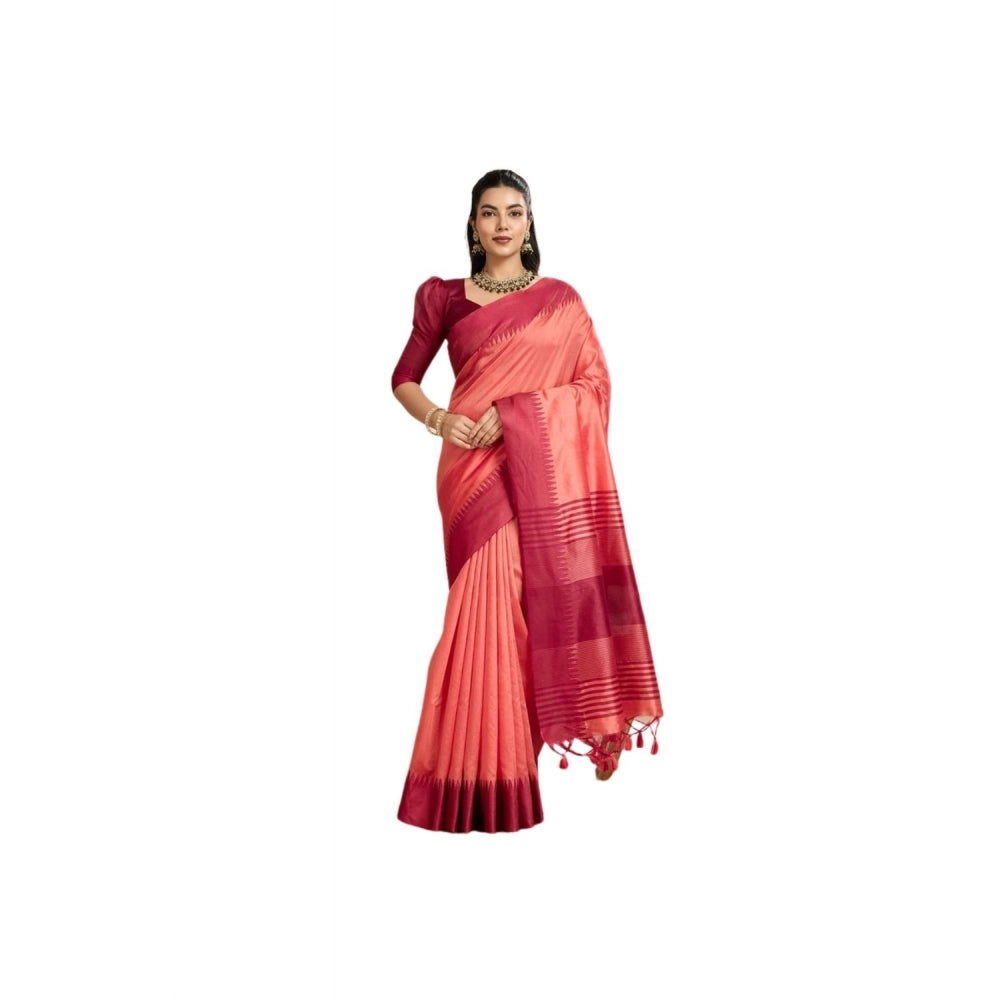 Peach raw silk saree for women — full drape view