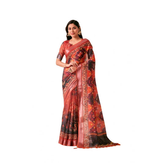 Red faux linen saree for women — full drape view