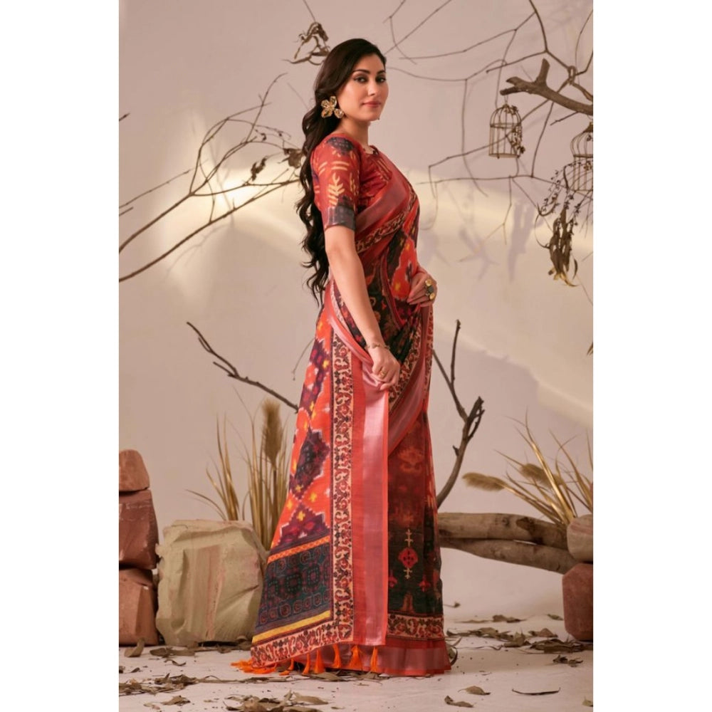 Red faux linen saree for women — pallu detail