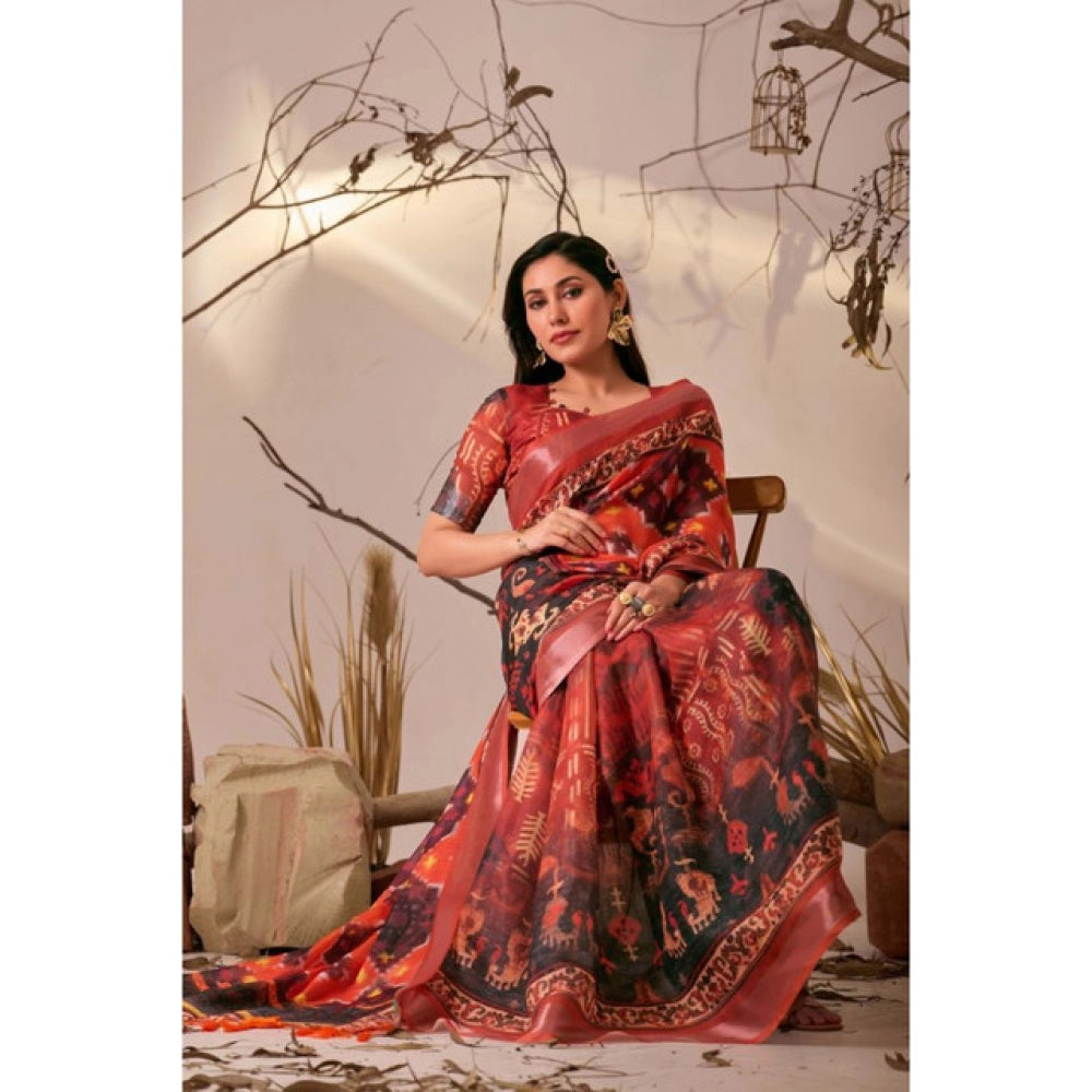 Red faux linen saree for women — pallu detail