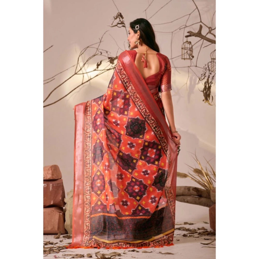 Red faux linen saree for women — pallu detail