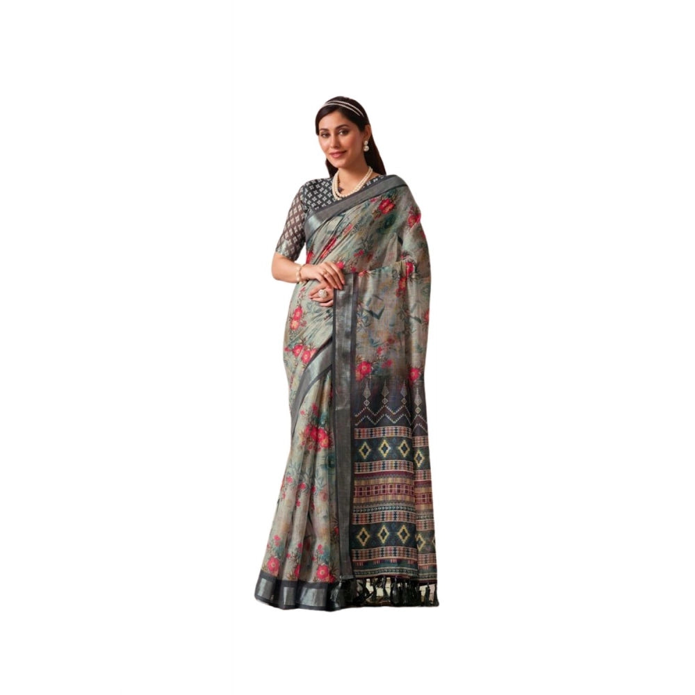 Light Grey faux linen saree for women — full drape view