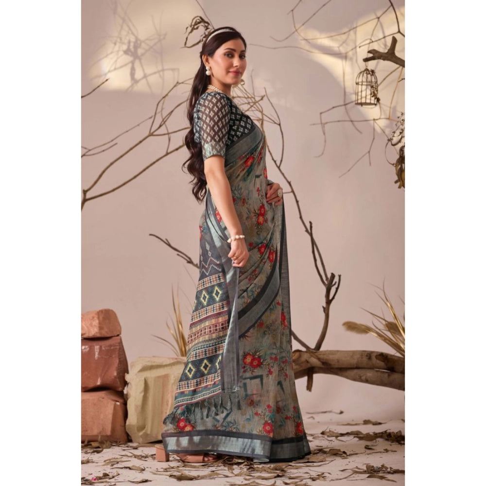 Light Grey faux linen saree for women — pallu detail