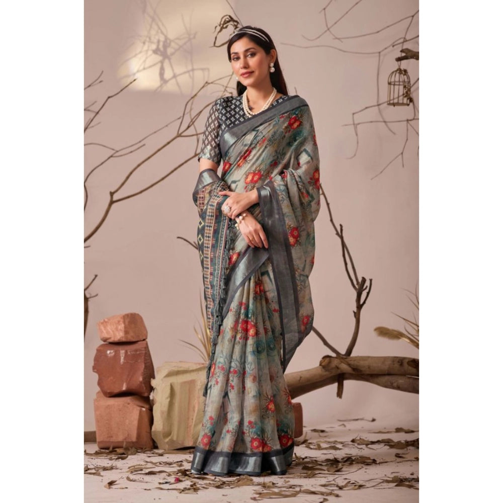 Light Grey faux linen saree for women — pallu detail