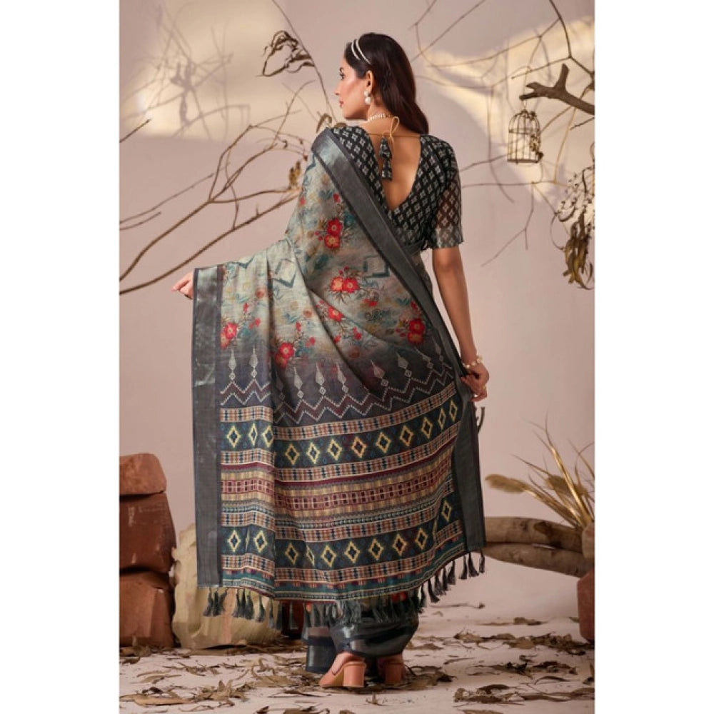 Light Grey faux linen saree for women — pallu detail