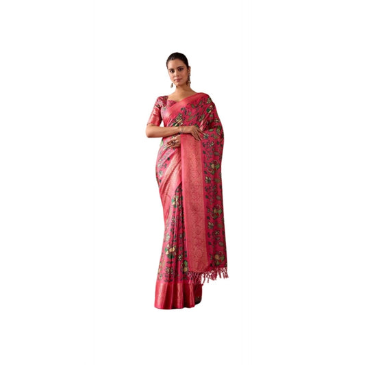 Pink faux banarasi silk saree for women — full drape view