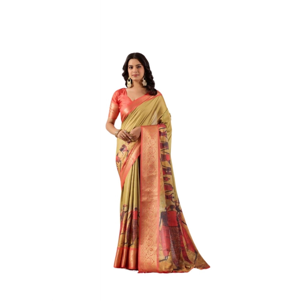 Olive faux silk saree for women — full drape view
