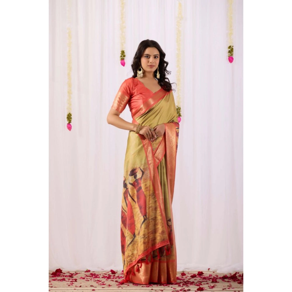 Olive faux silk saree for women — pallu detail