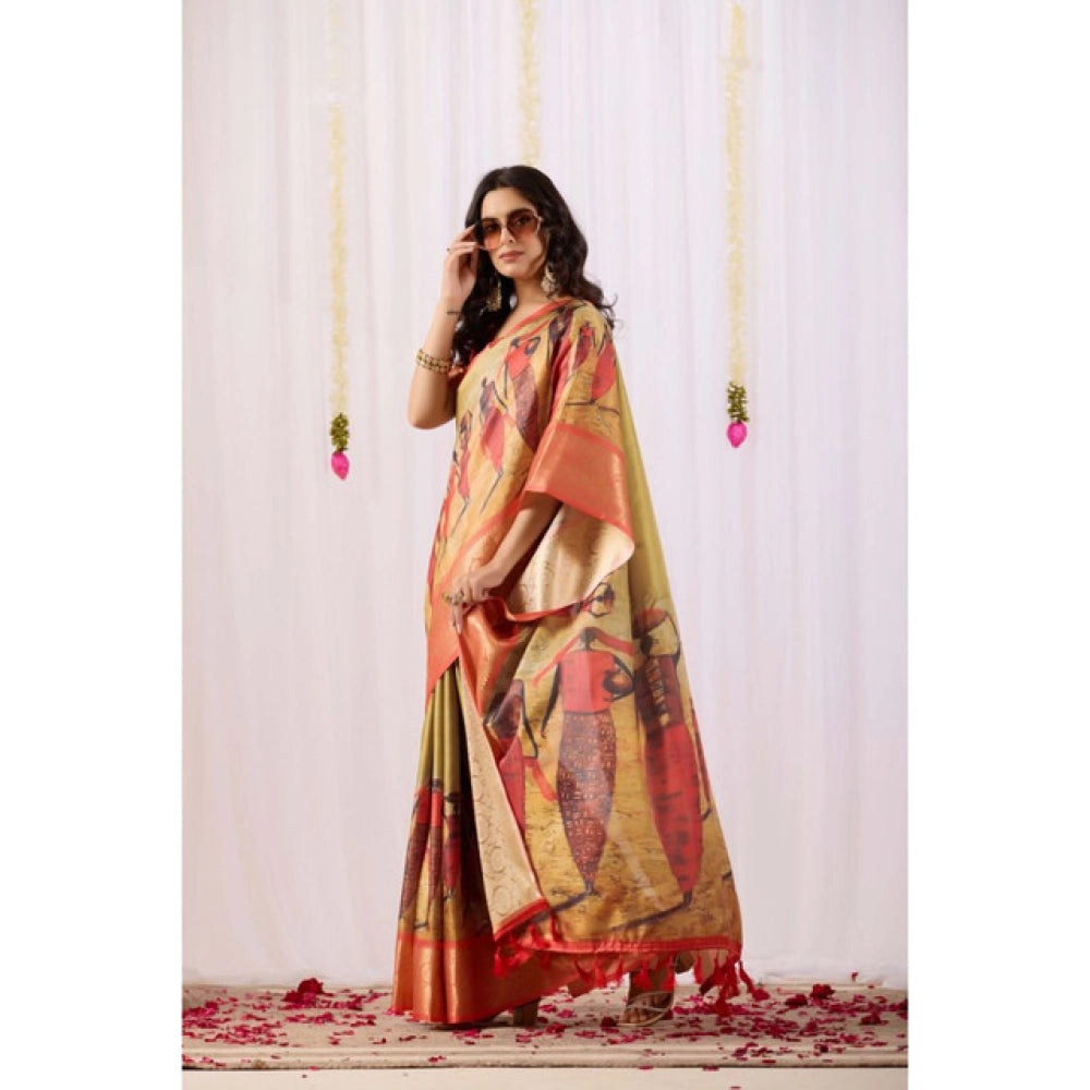 Olive faux silk saree for women — pallu detail
