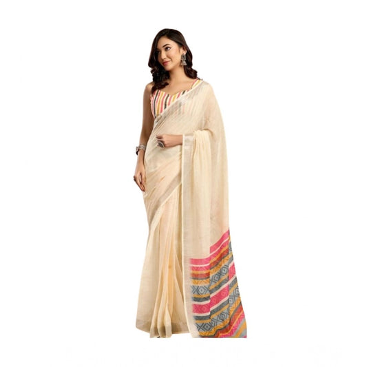 Beige linen cotton saree for women — full drape view