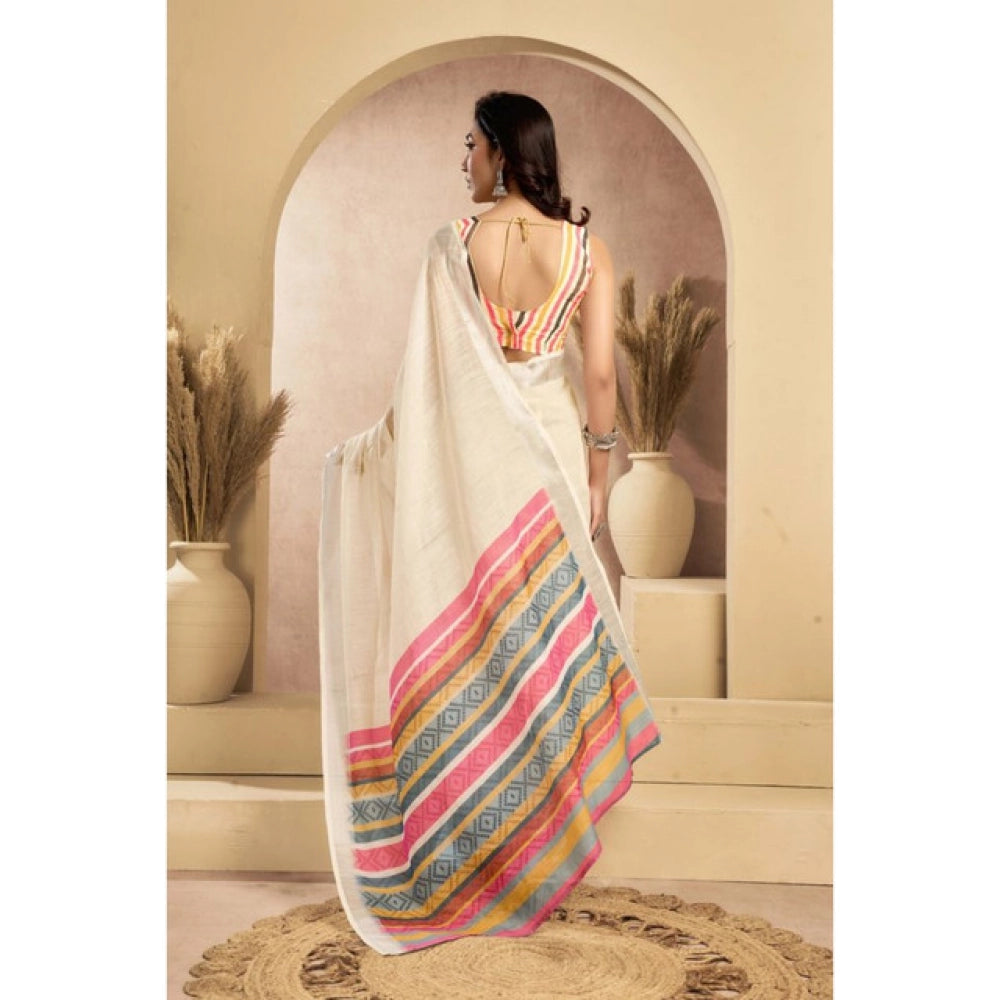 Beige linen cotton saree for women — pallu detail