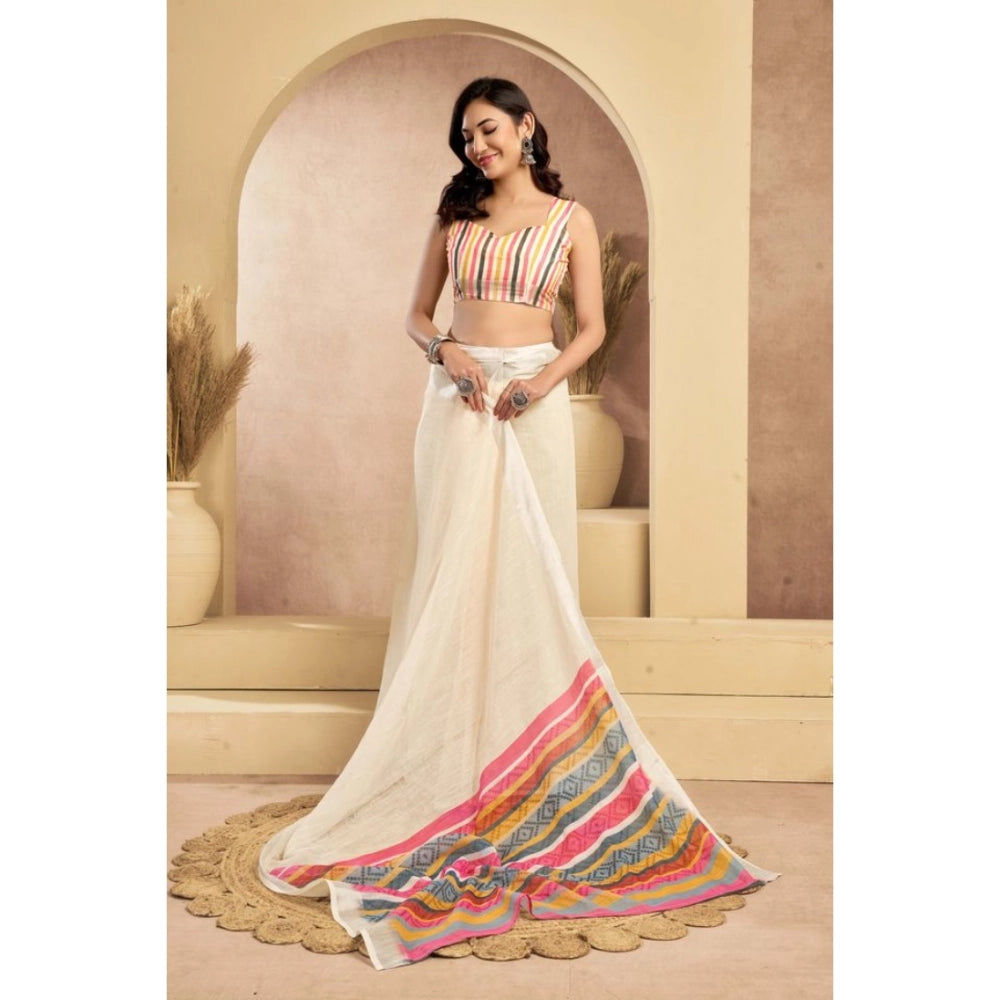 Beige linen cotton saree for women — pallu detail