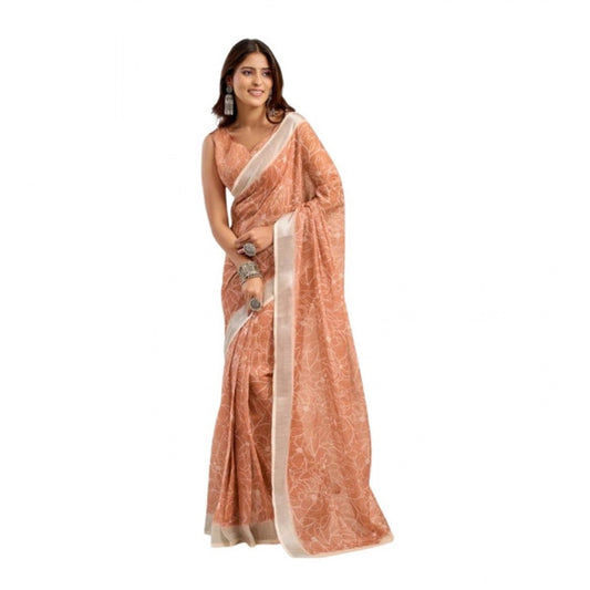 Peach linen cotton saree for women — full drape view