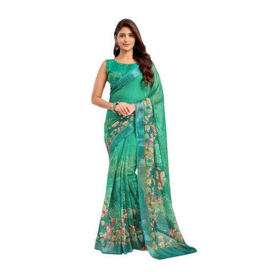 Green linen cotton saree for women — full drape view