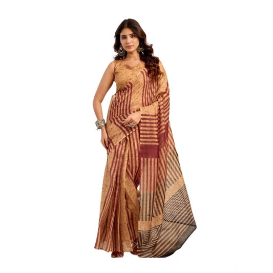 Brown linen cotton saree for women — full drape view