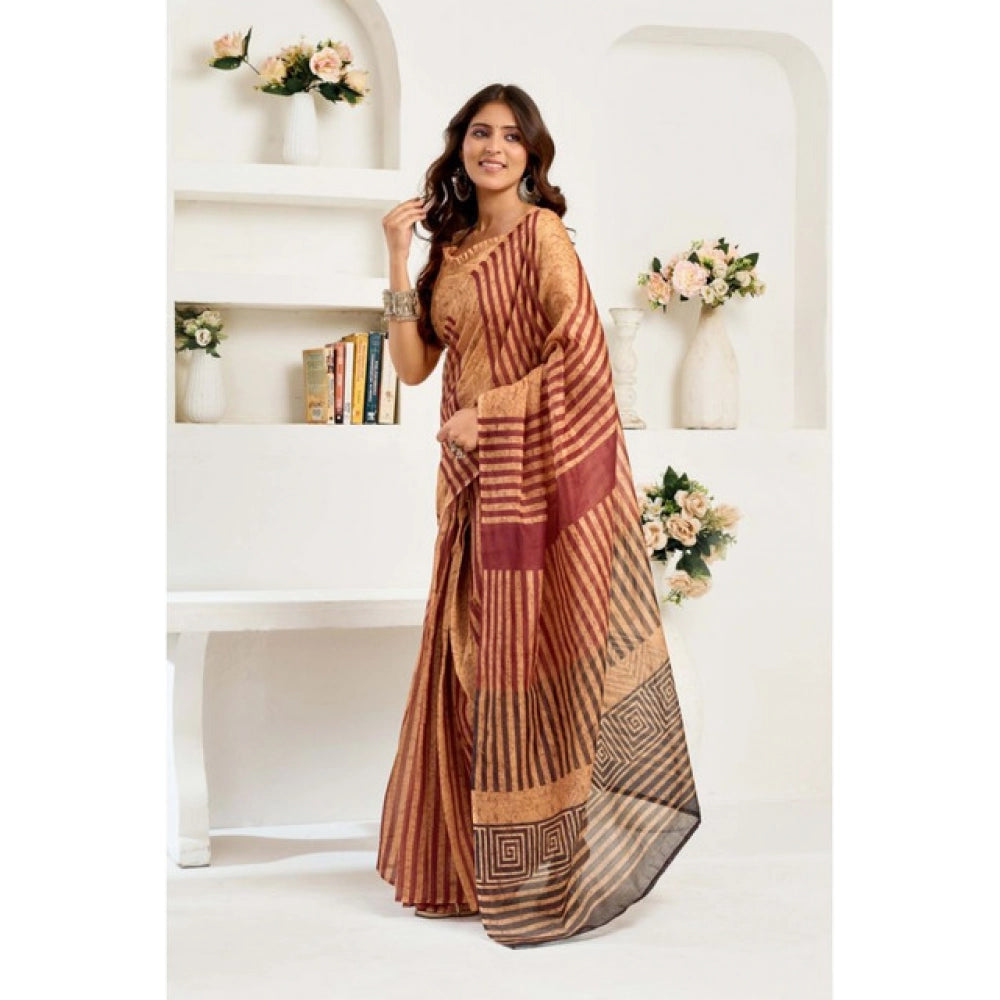 Brown linen cotton saree for women — pallu detail