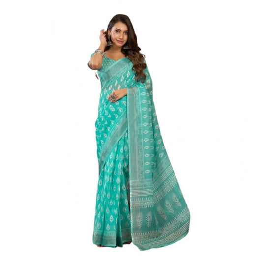 Sea Green linen cotton saree for women — full drape view