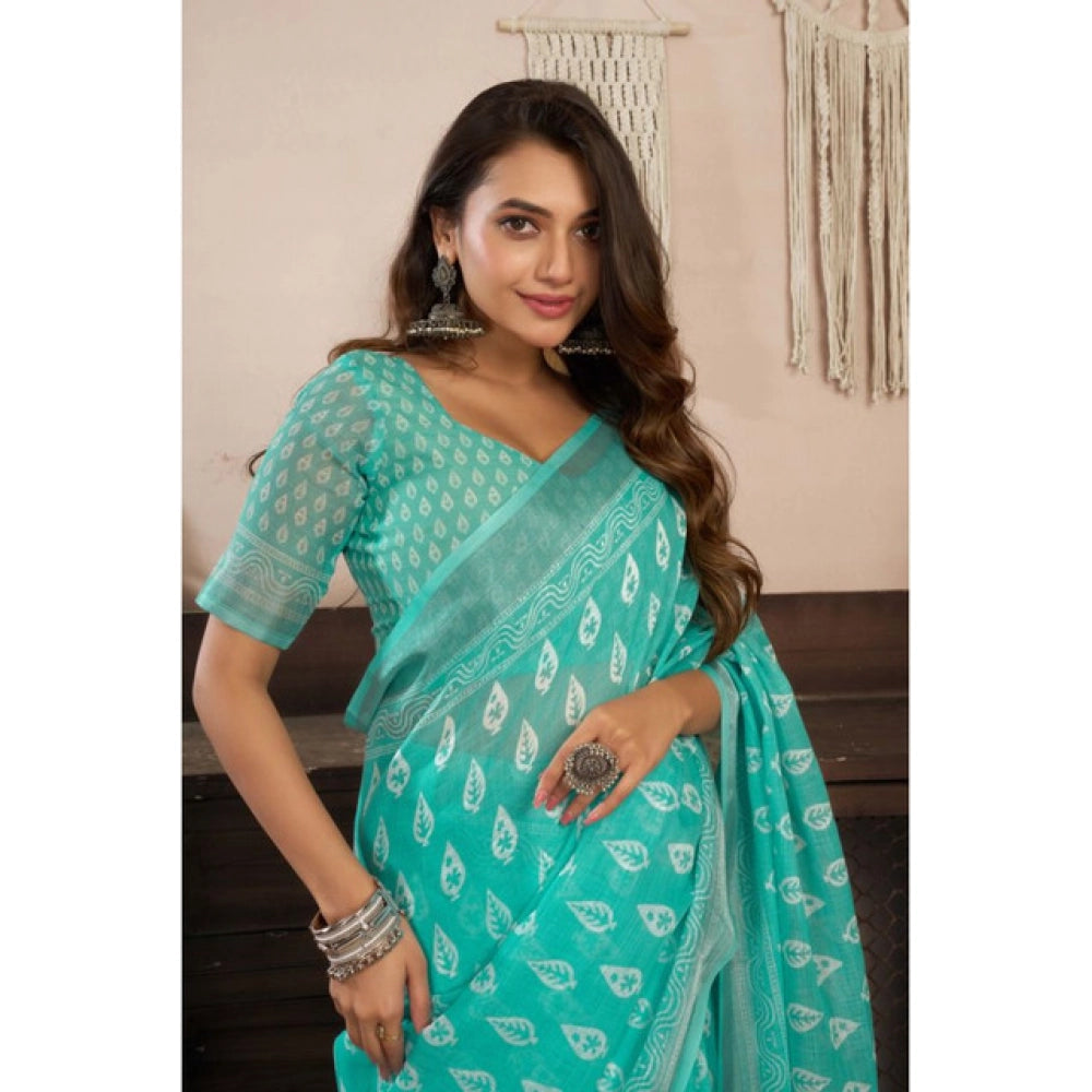 Sea Green linen cotton saree for women — pallu detail