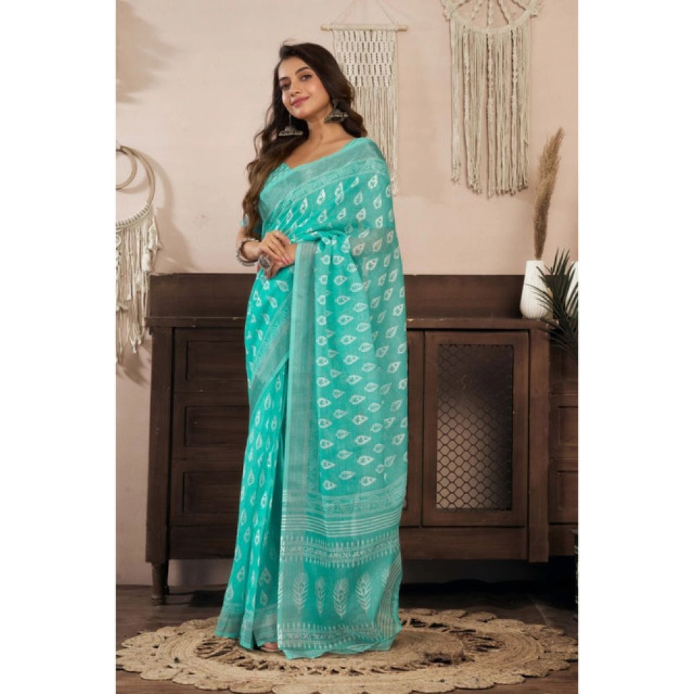 Sea Green linen cotton saree for women — pallu detail