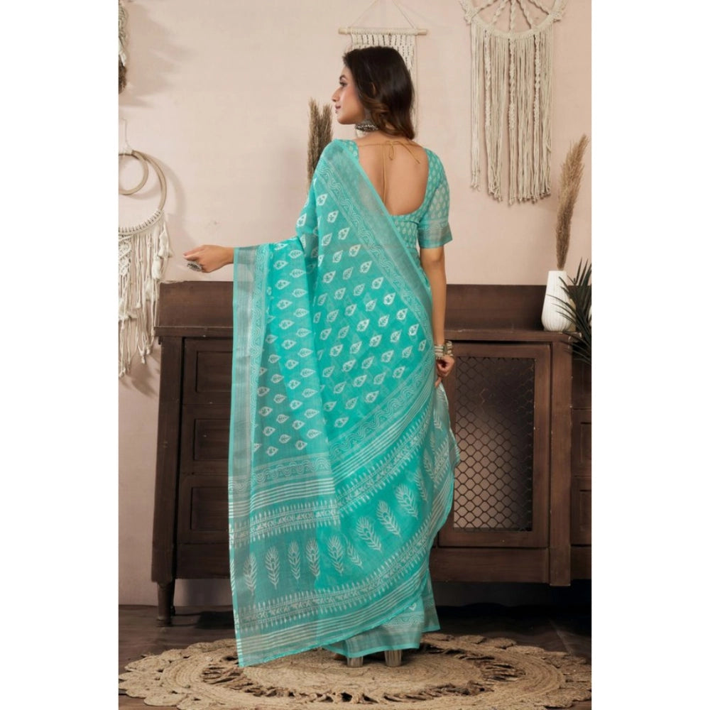 Sea Green linen cotton saree for women — pallu detail