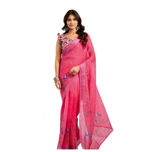 Pink linen cotton saree for women — full drape view