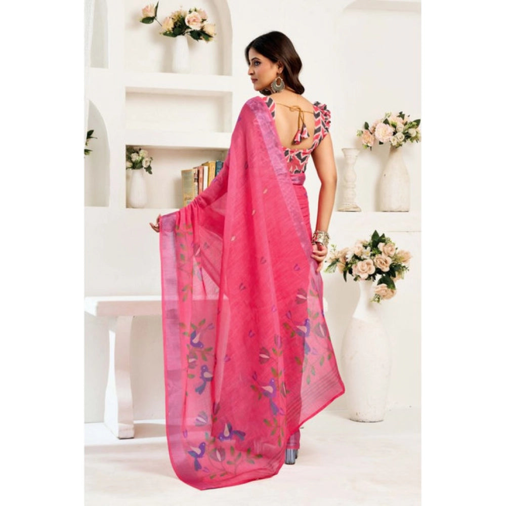 Pink linen cotton saree for women — pallu detail