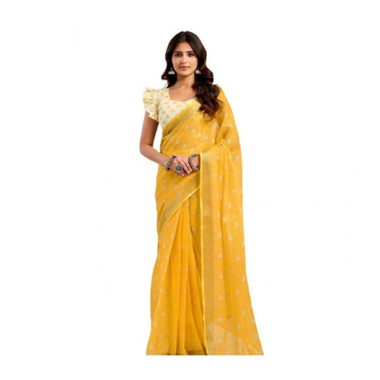 Yellow linen cotton saree for women — full drape view