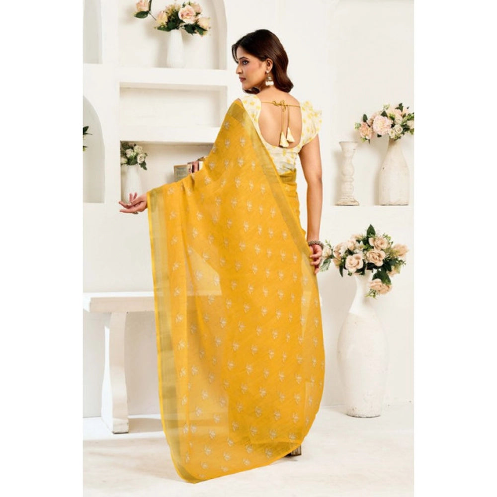 Yellow linen cotton saree for women — pallu detail
