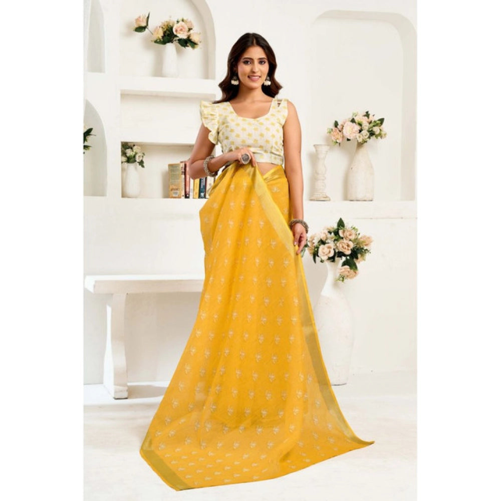 Yellow linen cotton saree for women — pallu detail