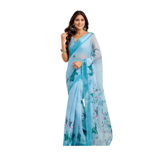 Sky Blue linen cotton saree for women — full drape view