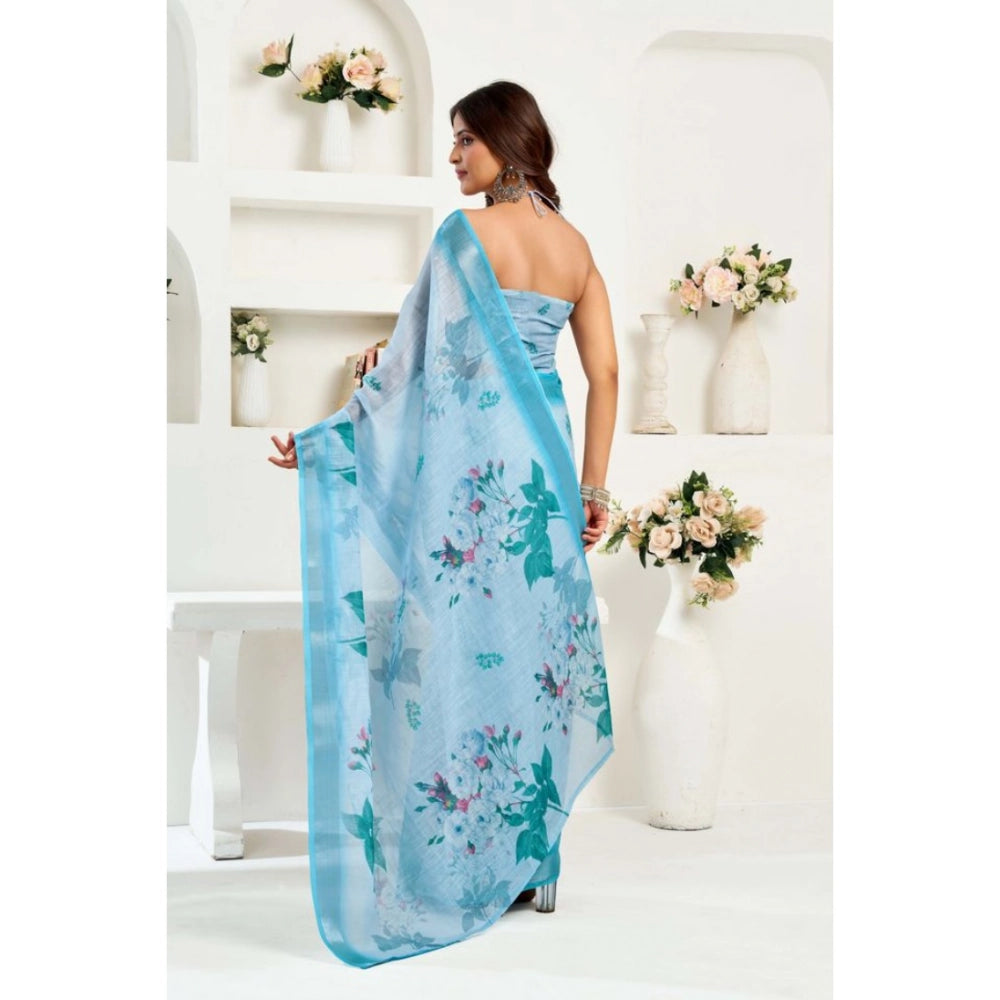 Sky Blue linen cotton saree for women — pallu detail
